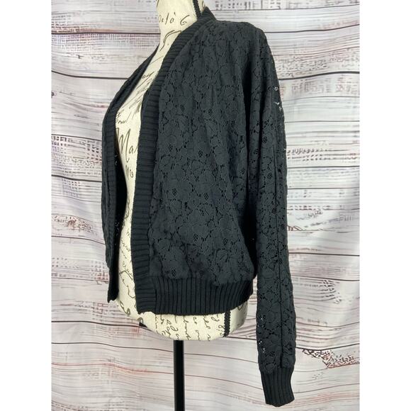 Rory Beca Forever 21 Open Front Lace Cardigan Women L Lined Black Long Sleeve - Picture 1 of 11